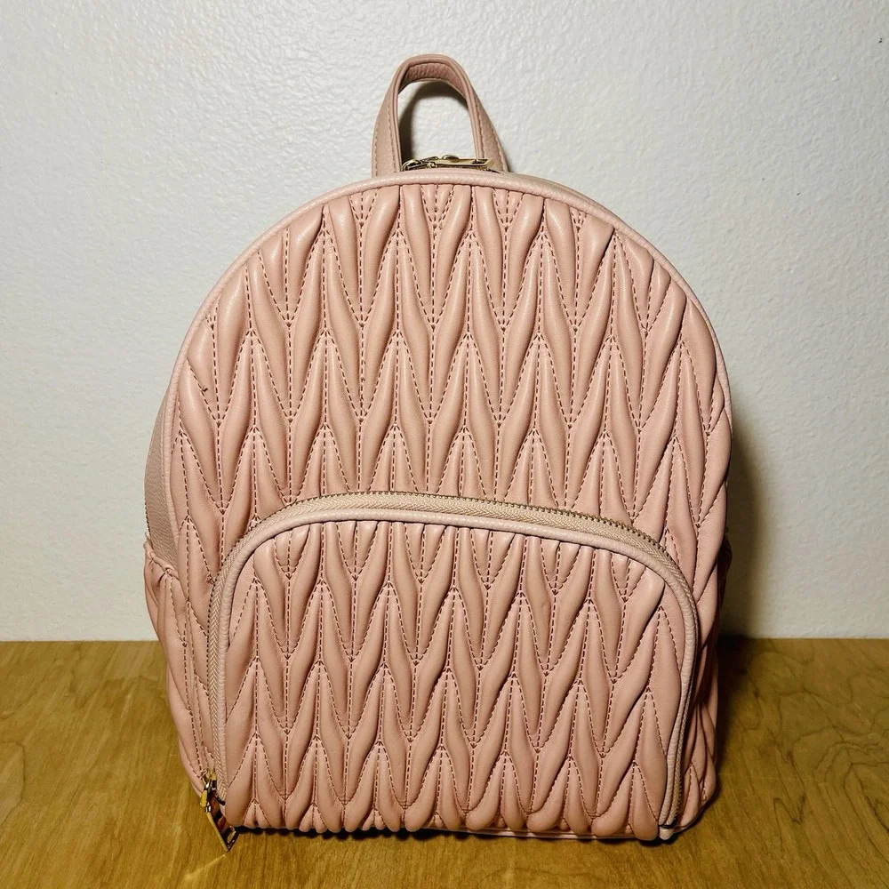 Pink‎ Backpack Vegan Leather Textured Gold Tone Hardware